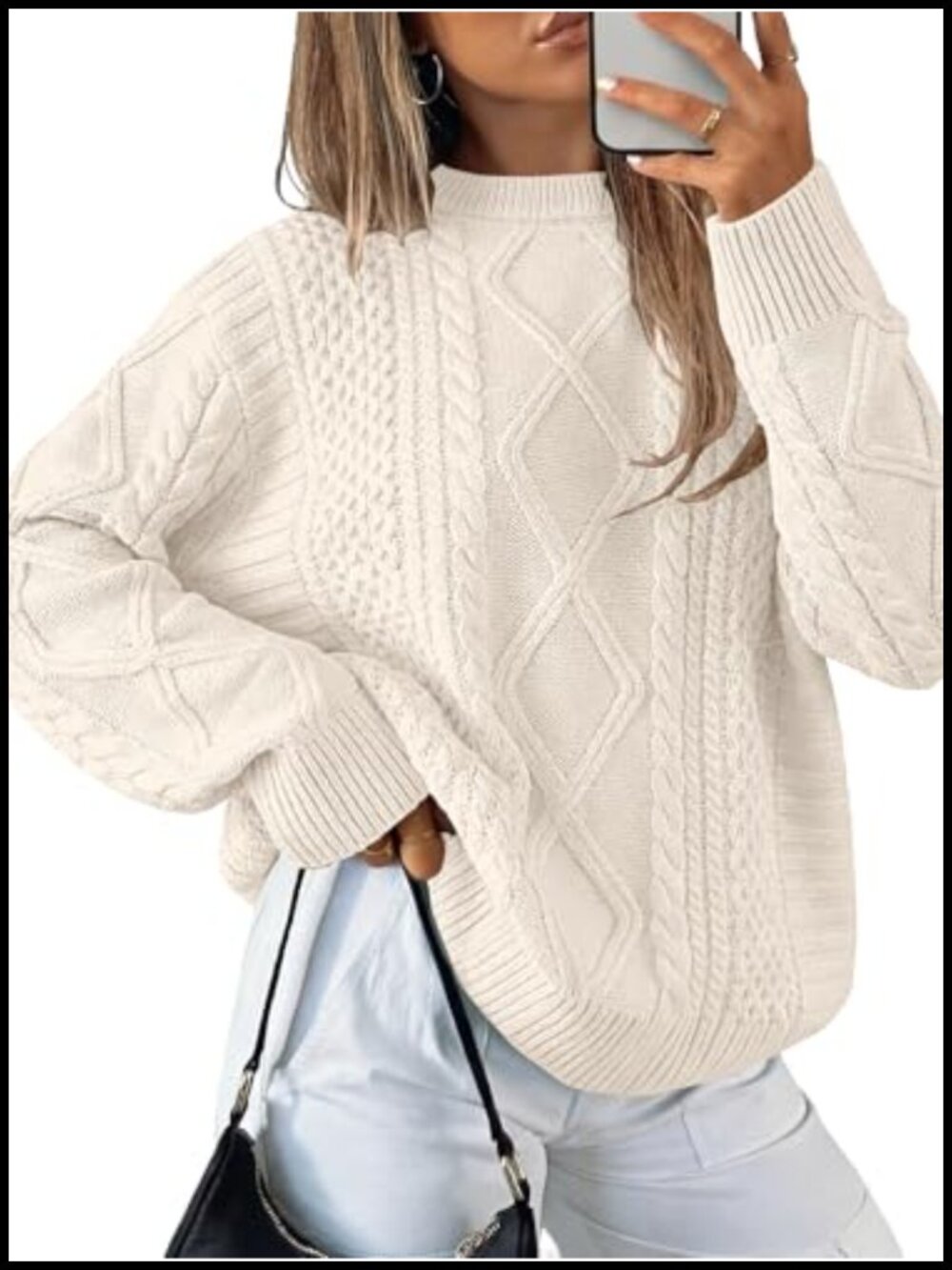 Oversized Cable Knit Sweater Women Crew Neck Long Sleeve Acrylic Pullover